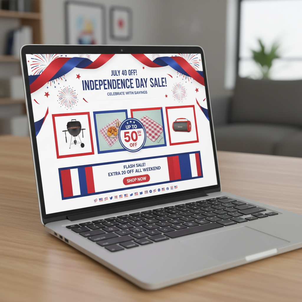 Laptop screen showing a styled July 4th email campaign template with red white and blue color scheme and promotional offer layout