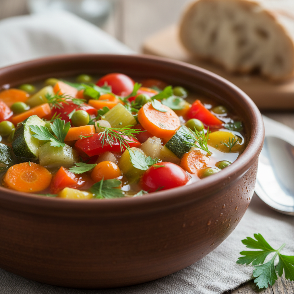 Colorful vegetable soup in a bowl, fresh herbs on top, made by a child learning to cook