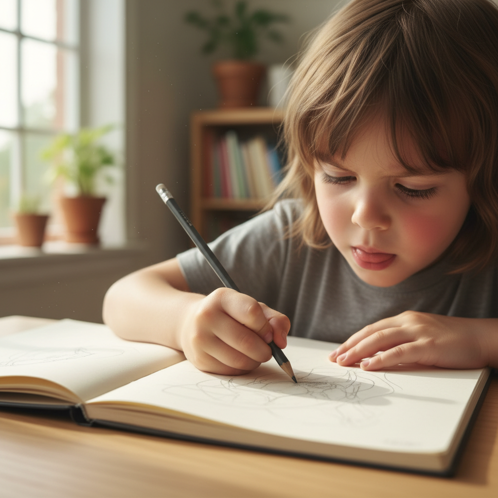 Child carefully drawing with pencil, tongue out in concentration, large sketchbook on table