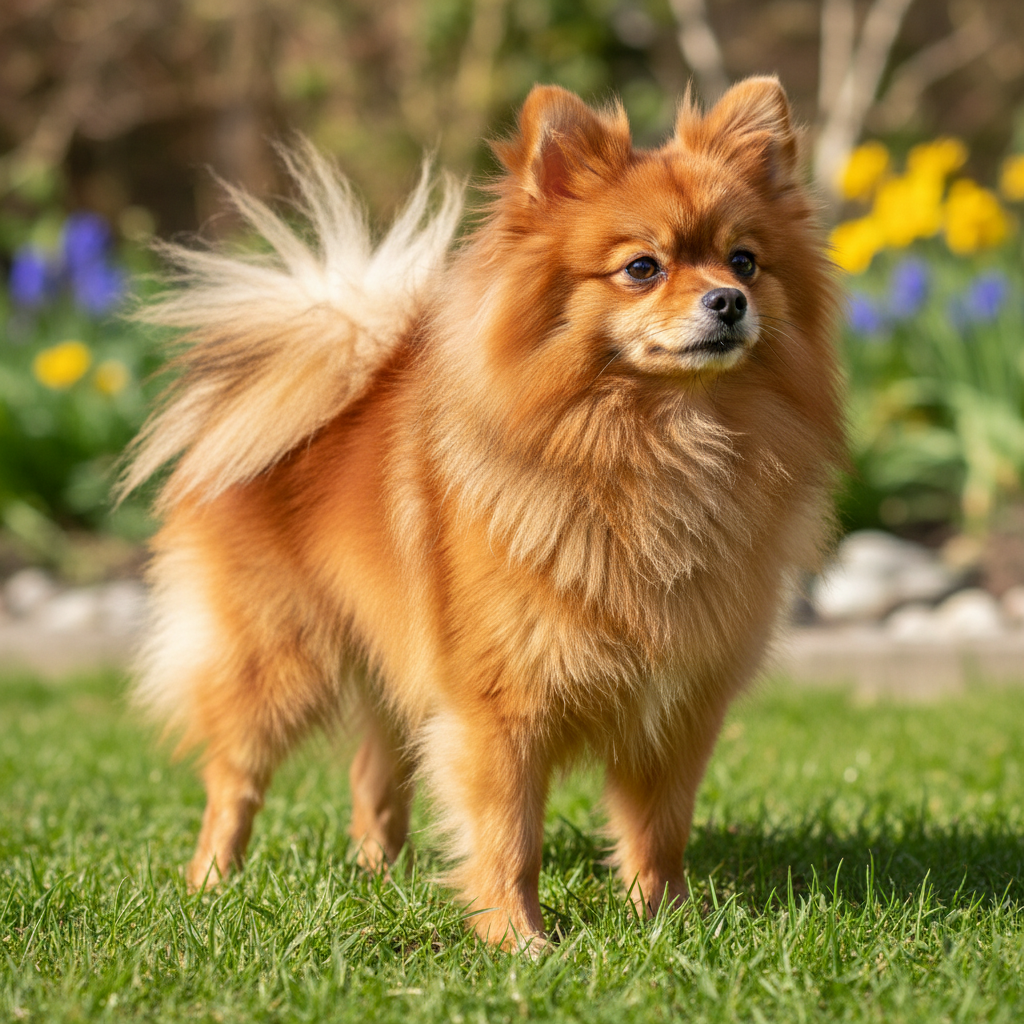Roux a red-orange Pomeranian standing proud and alert with a full fluffy mane