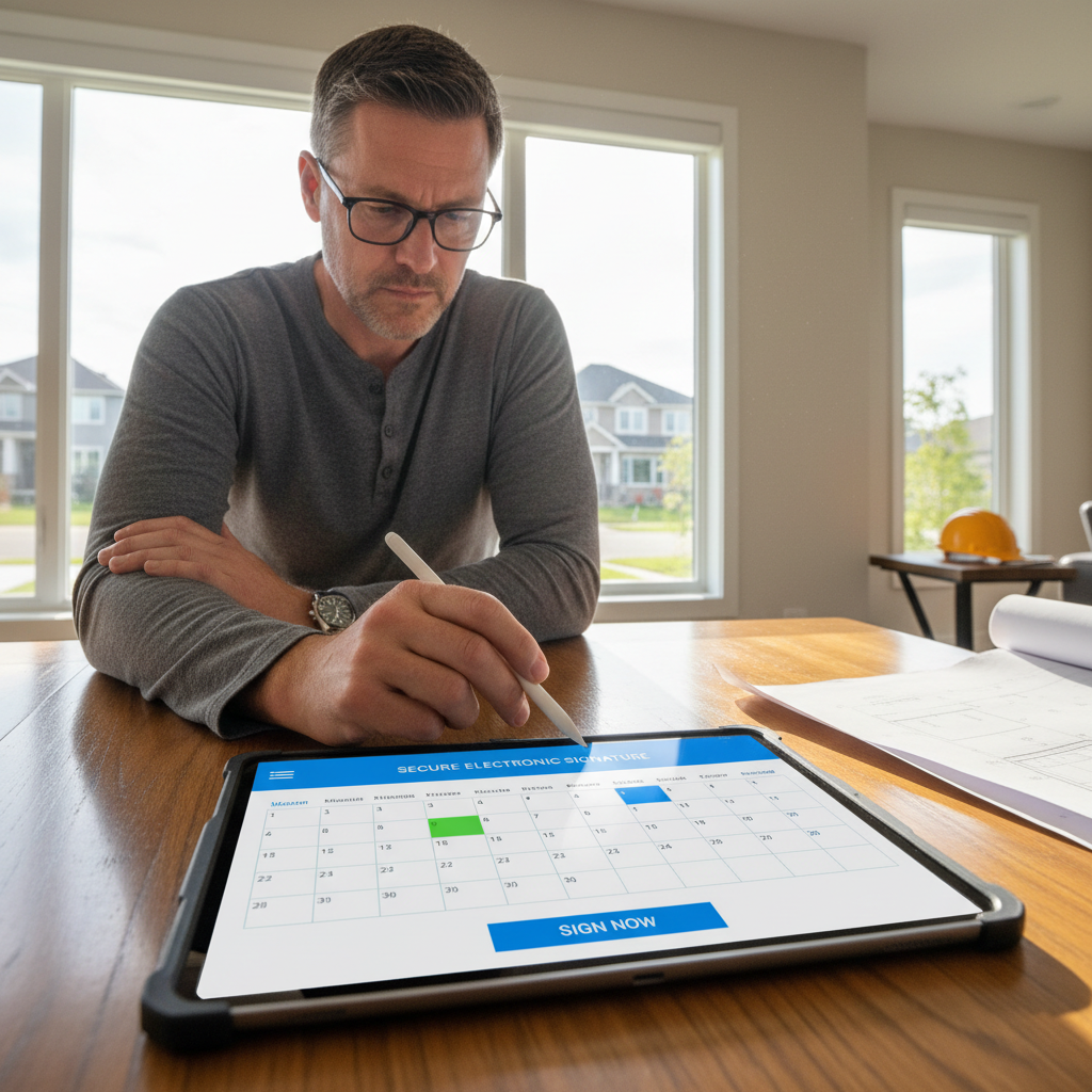 Client digitally signing completion certificate on tablet with locksmith standing by