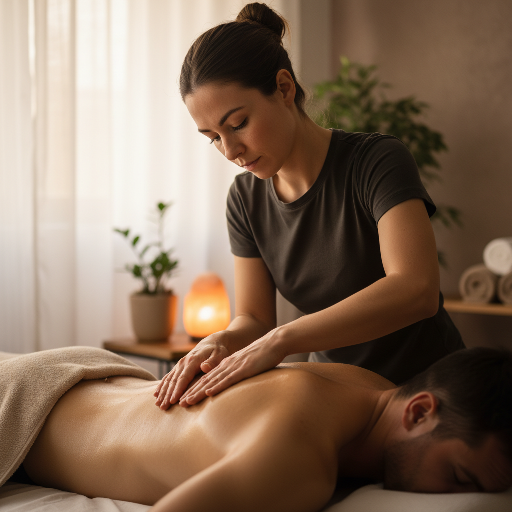 Sports massage therapist working on athlete back in professional clinical setting, soft lighting