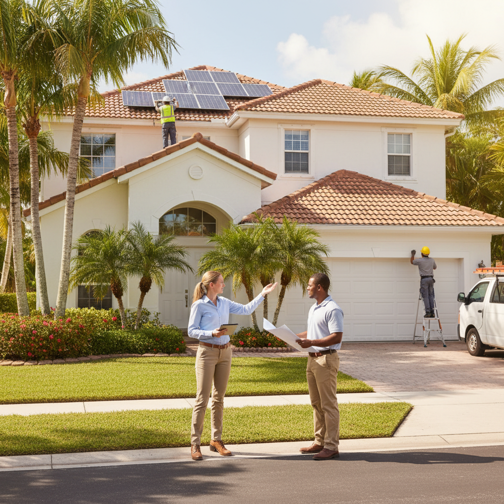 Property manager coordinating maintenance work at a well-kept residential home in Palm Beach County Florida