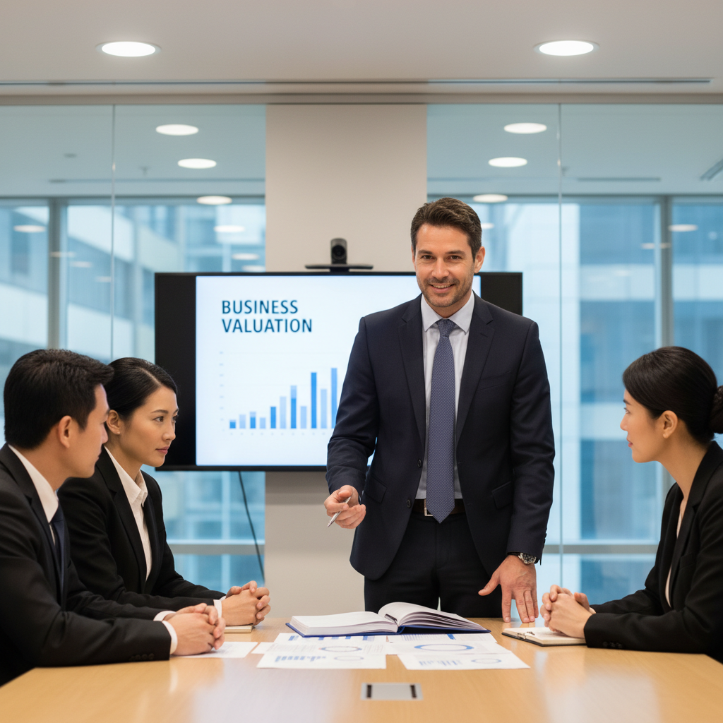 Corporate finance advisor presenting business valuation report to company directors