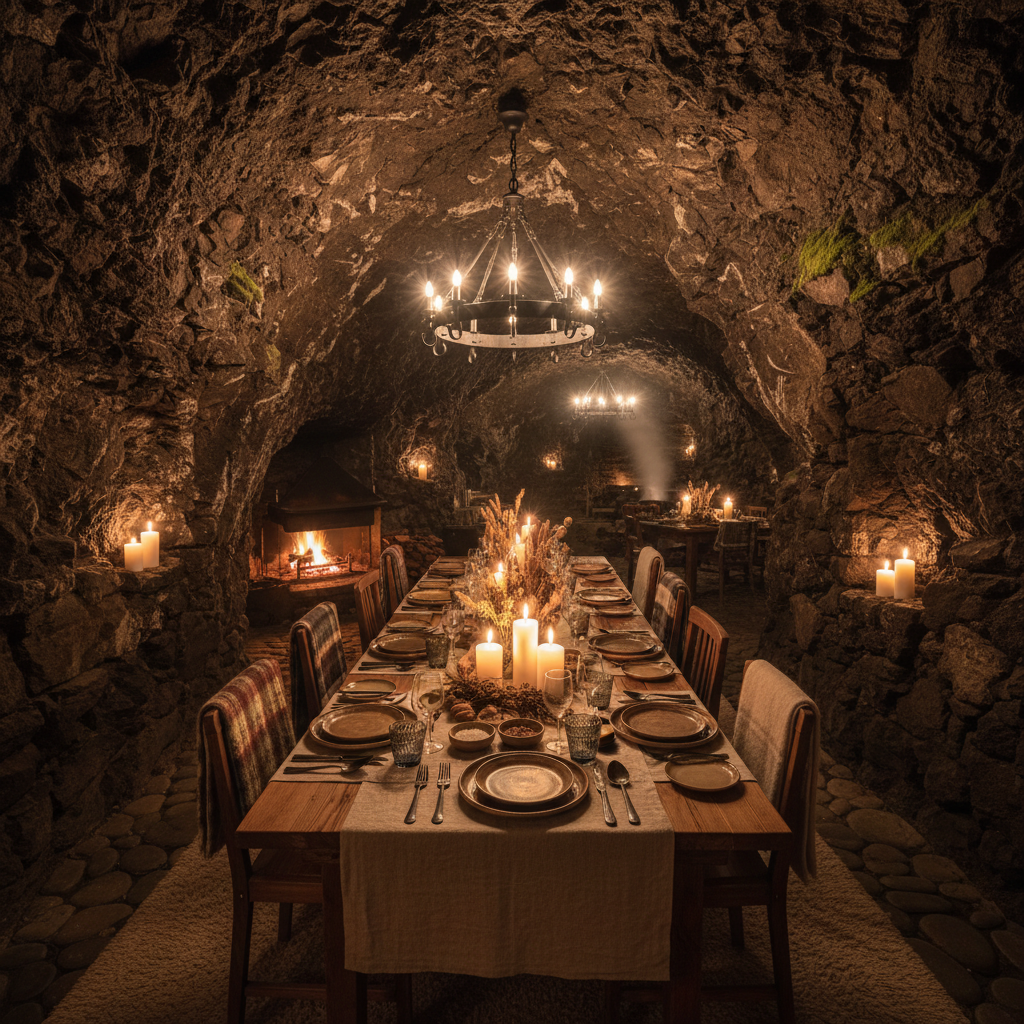 Cozy underground stone cottage interior with volcanic rock walls, warm candlelight, minimalist Nordic furnishings, earthy dark tones