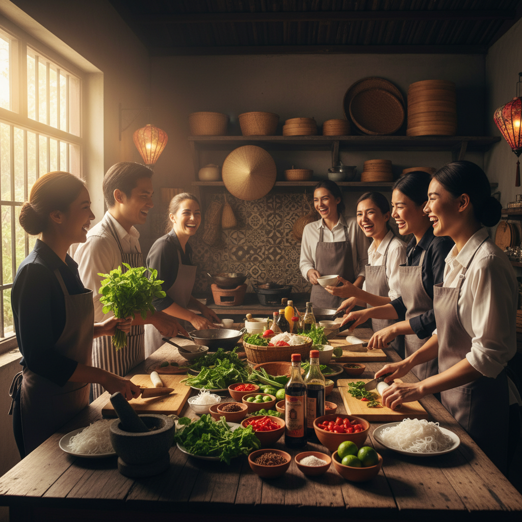 Corporate group of eight people cooking together in a Vietnamese kitchen, laughing