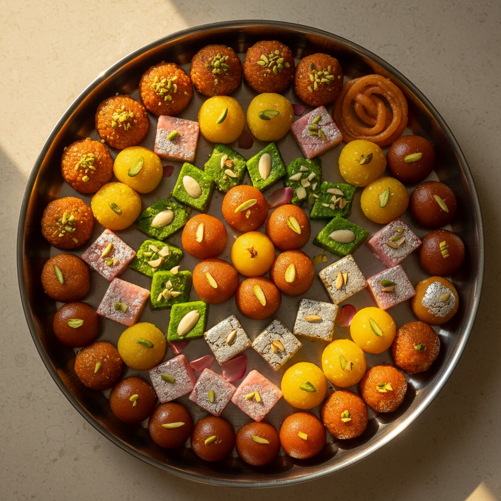 Colorful Indian sweets arranged on steel plate at festive community gathering