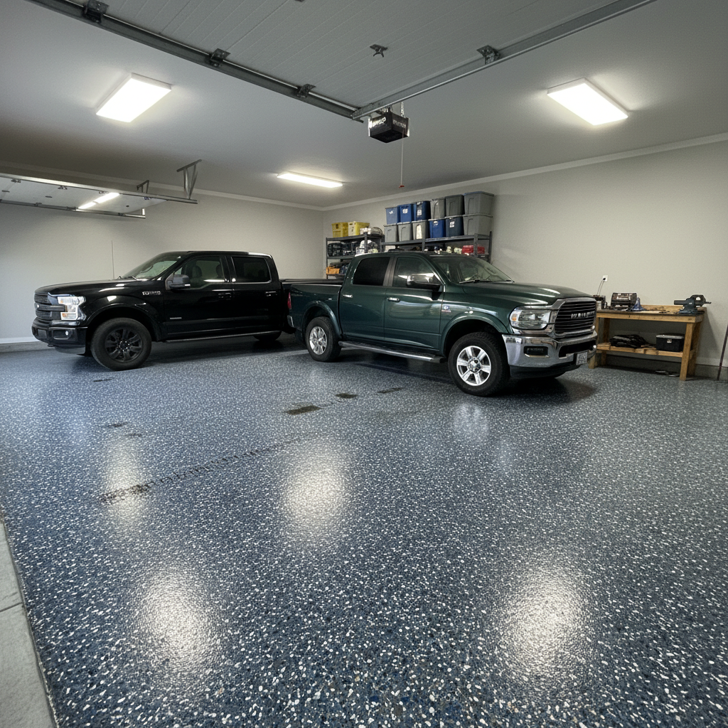 Spacious double garage with multi-colour vinyl flake epoxy system, durable surface designed for heavy vehicle use and chemical resistance