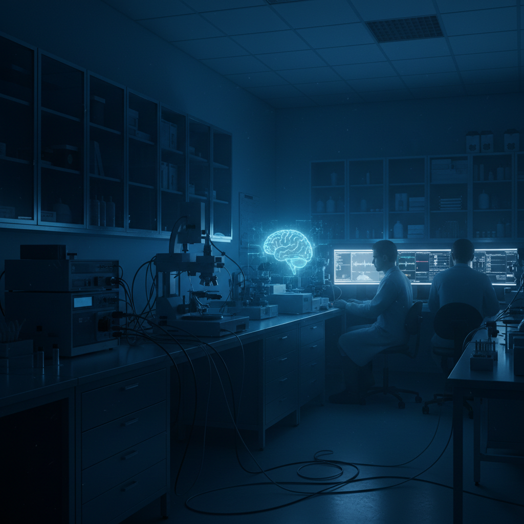 Medical research team collaborating in dim laboratory with blue-tinted screens and equipment, deep shadows, moody scientific atmosphere