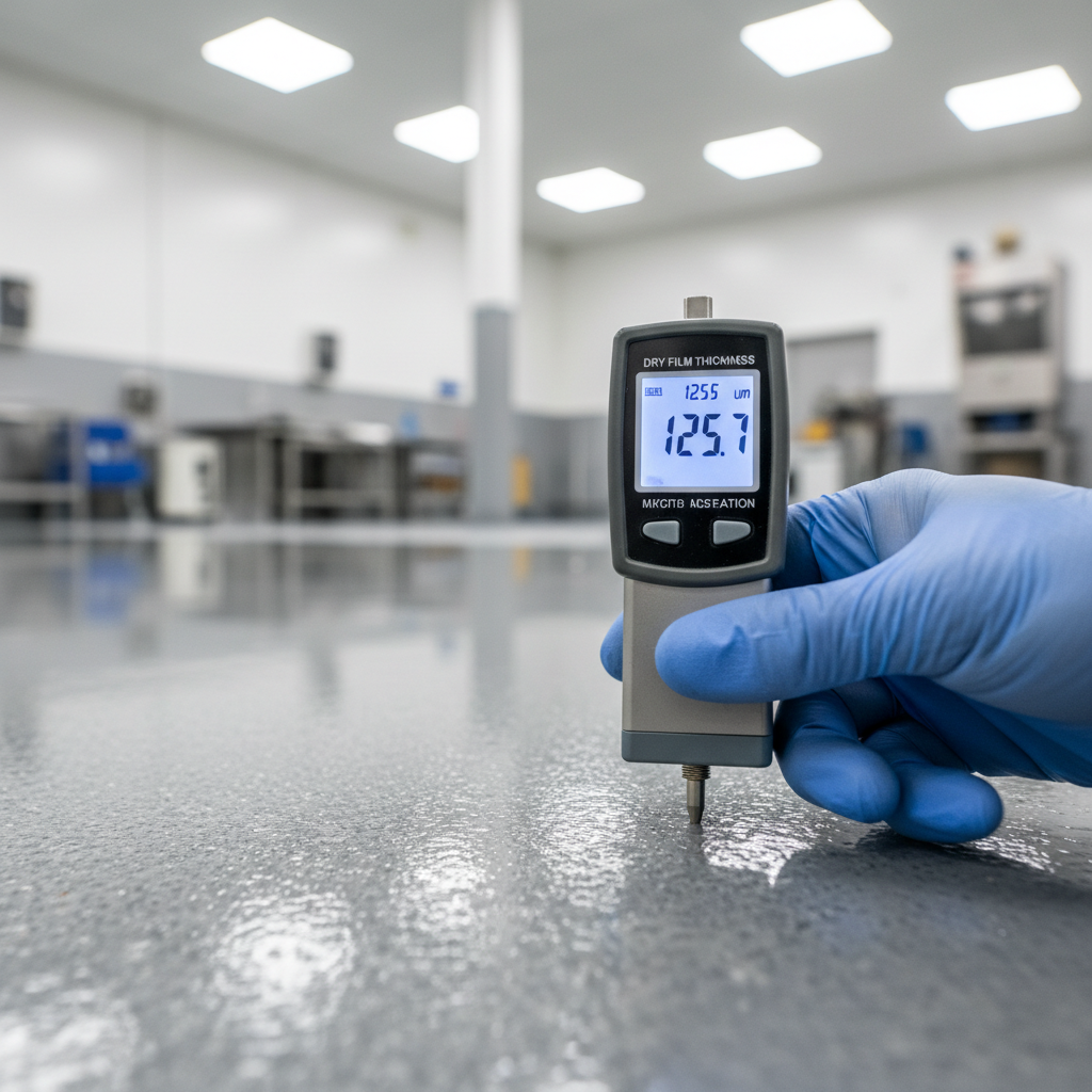 Technician using digital dry film thickness gauge on cured epoxy floor coating, reading visible on digital display