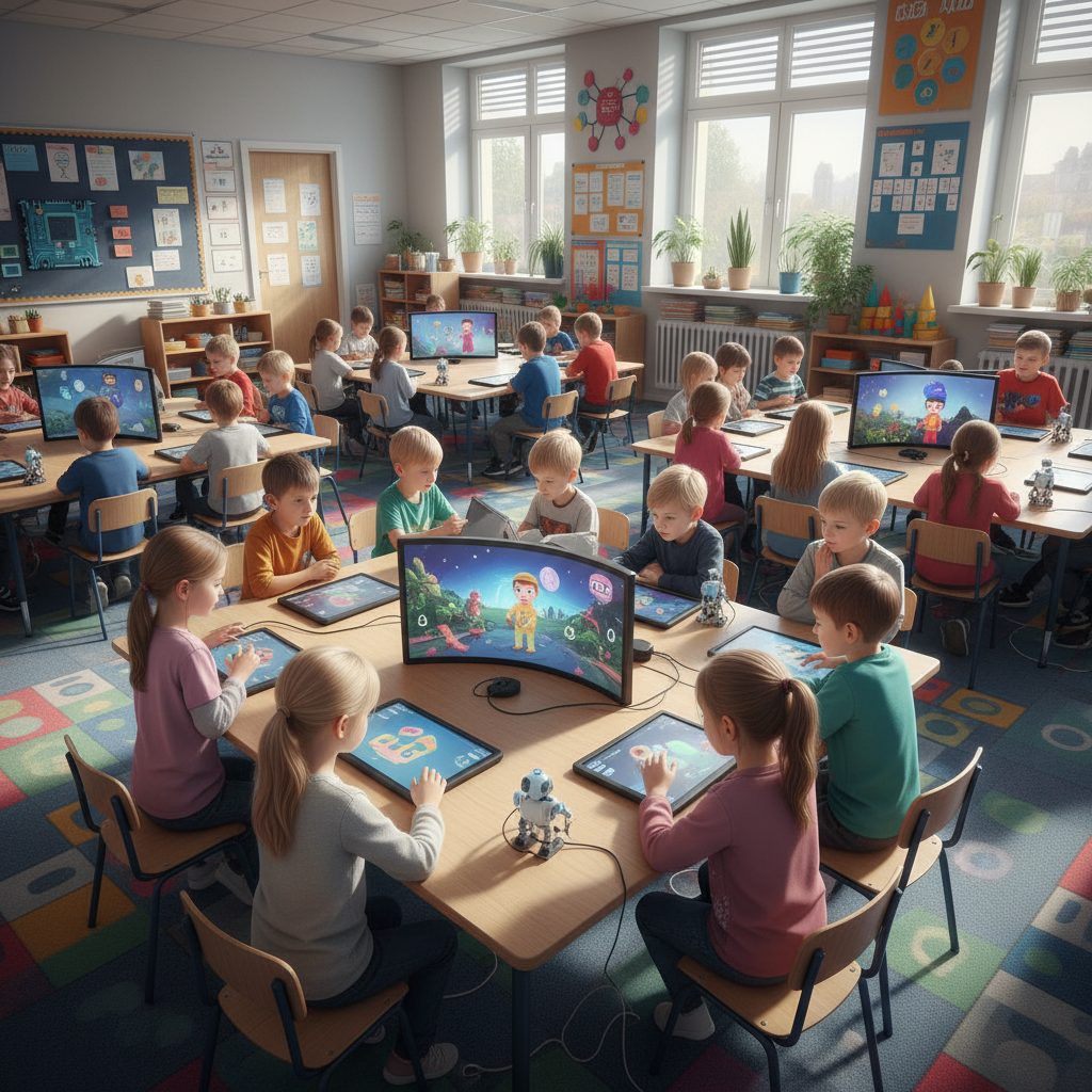 Student using a tablet for AI-powered learning in a bright classroom environment