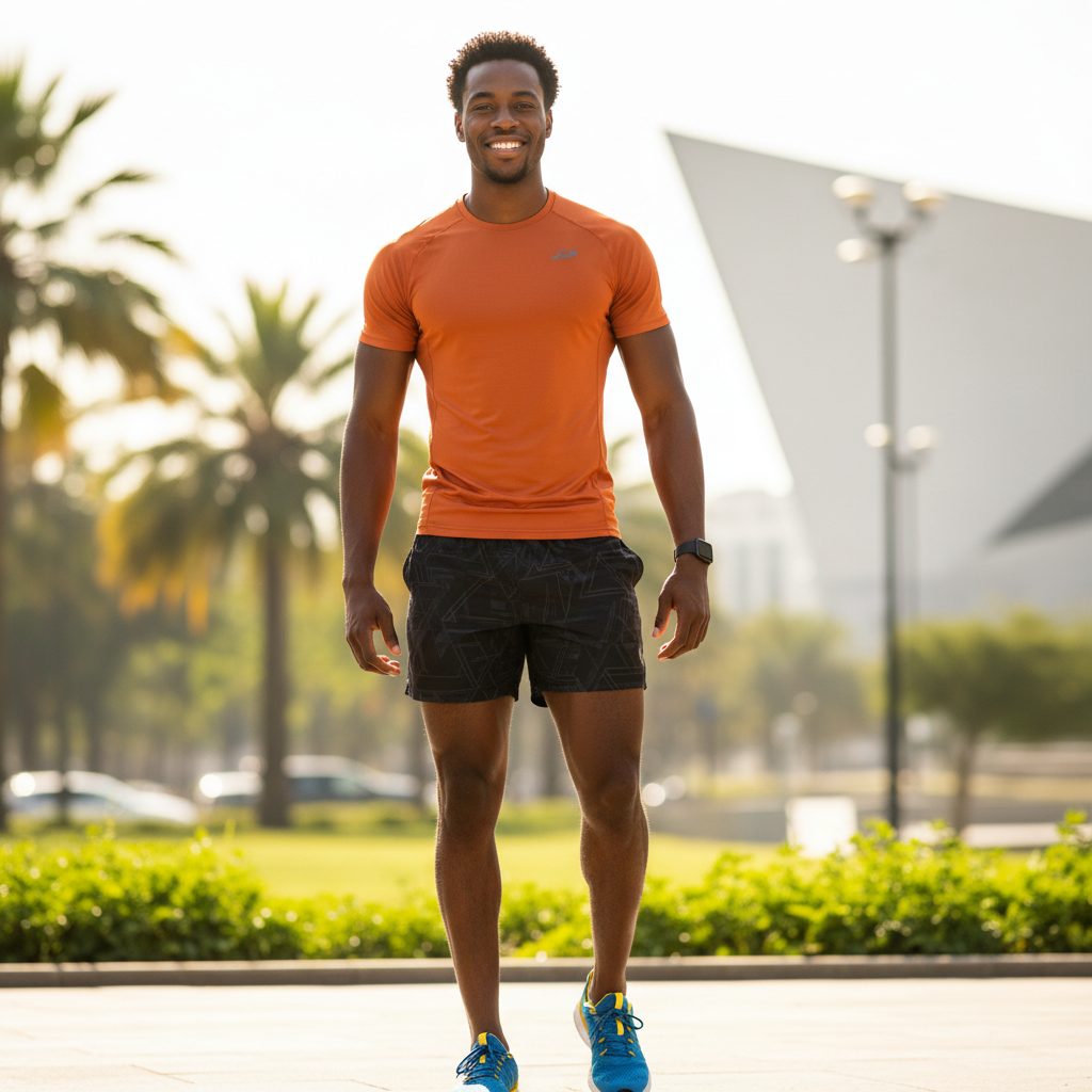 West African man with warm smile, casual wear, outdoor urban background