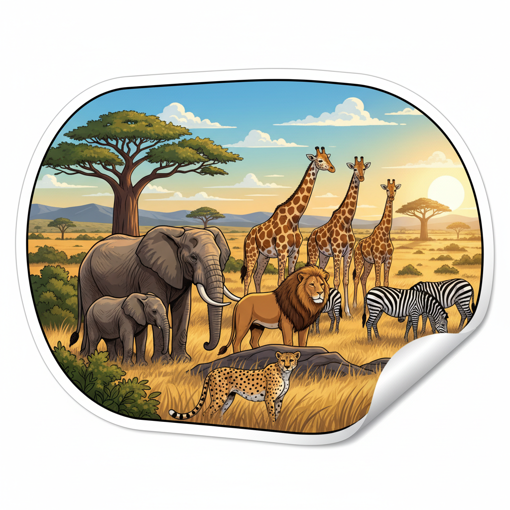 Vintage-style illustrated Kenya national park travel poster, savanna artwork
