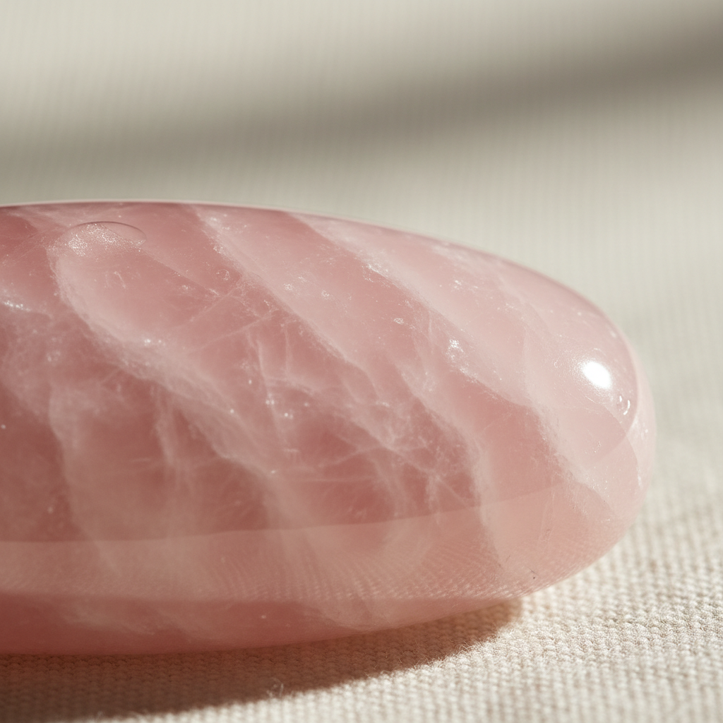 Close-up of rose quartz roller stone surface showing natural mineral texture and pink tones