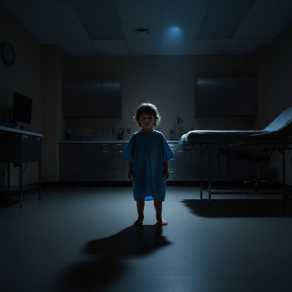 Healthcare worker in dimly lit clinic helping child patient, dark moody shadows in background, single warm spotlight on subjects