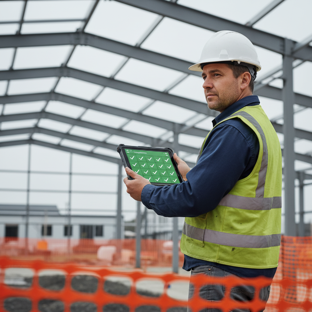 Construction site project manager reviewing schedule on tablet, bright daylight, steel structure and concrete forms in background