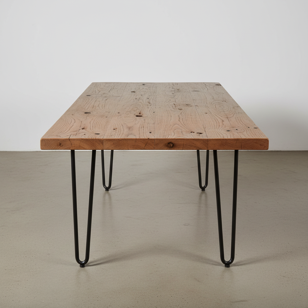 Custom solid timber dining table with natural finish, seats eight, warm grain detail