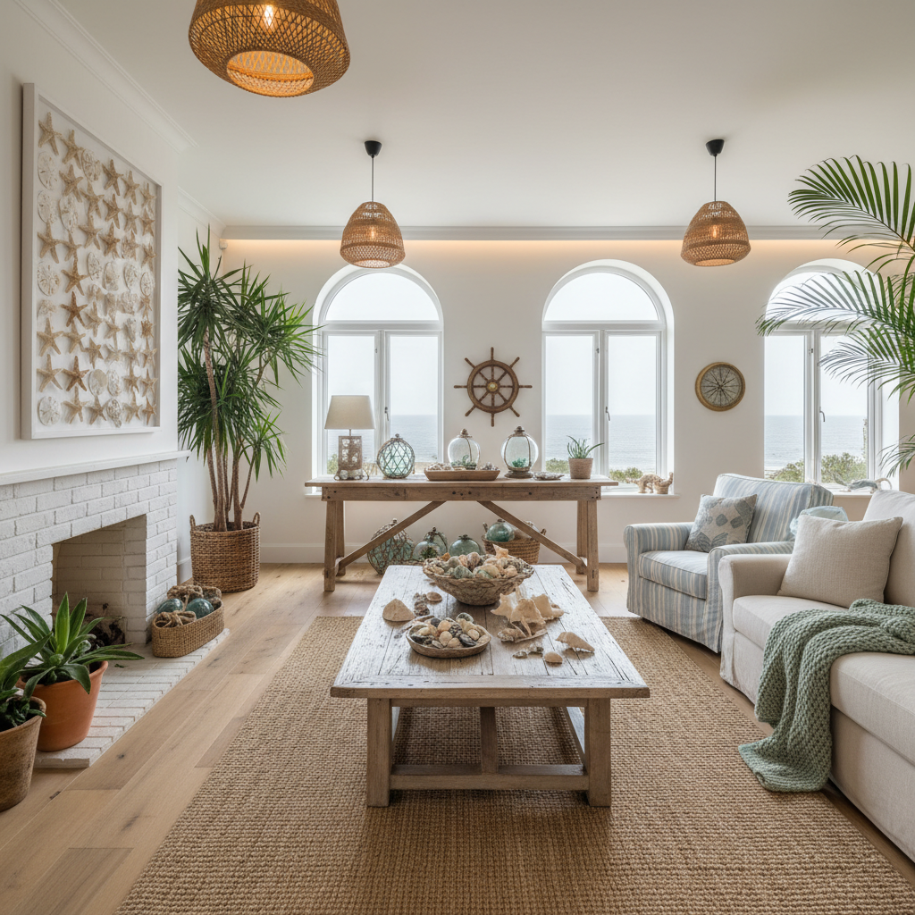 Coastal cottage living room with white walls, navy accents, and natural linen furnishings