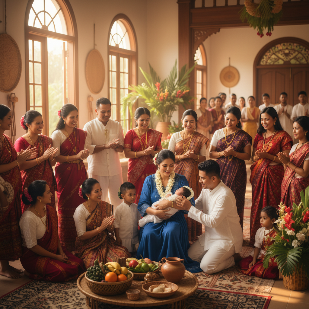 Newborn baby surrounded by flowers and sacred items during traditional Hindu naming ceremony