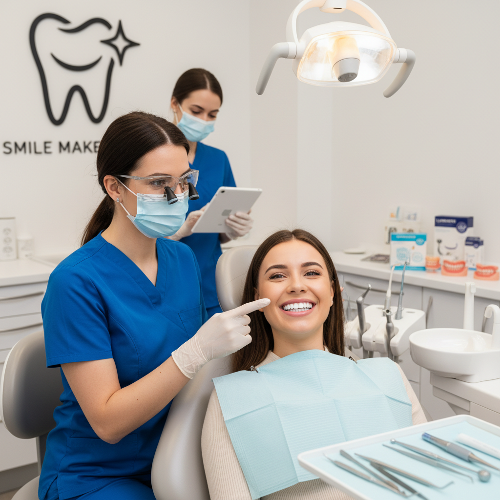 Dentist smiling warmly in a modern dental office