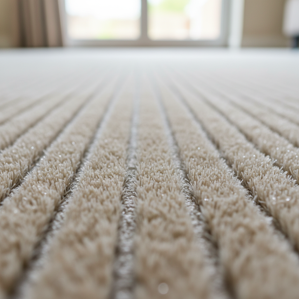Steam cleaner on plush carpet revealing clean bright fibers, before and after contrast visible