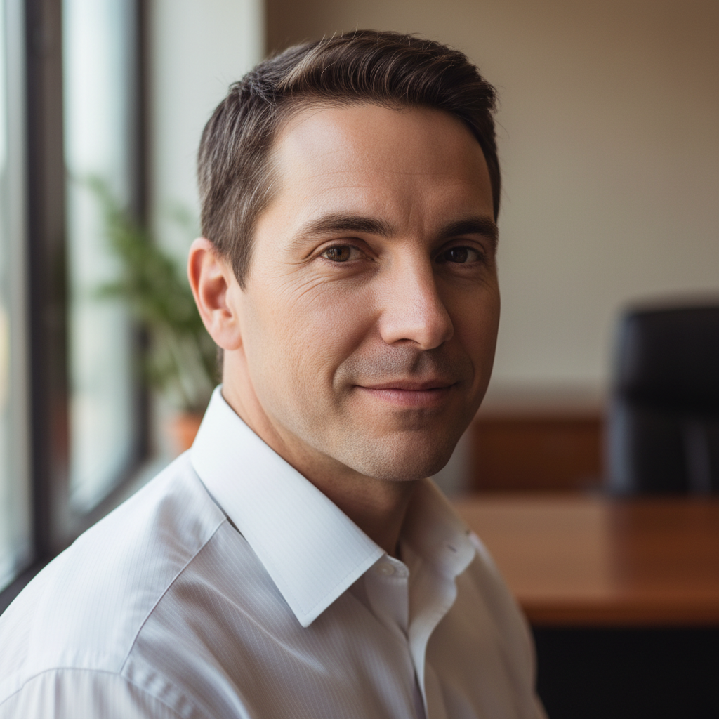 Man in business casual, confident expression, light background