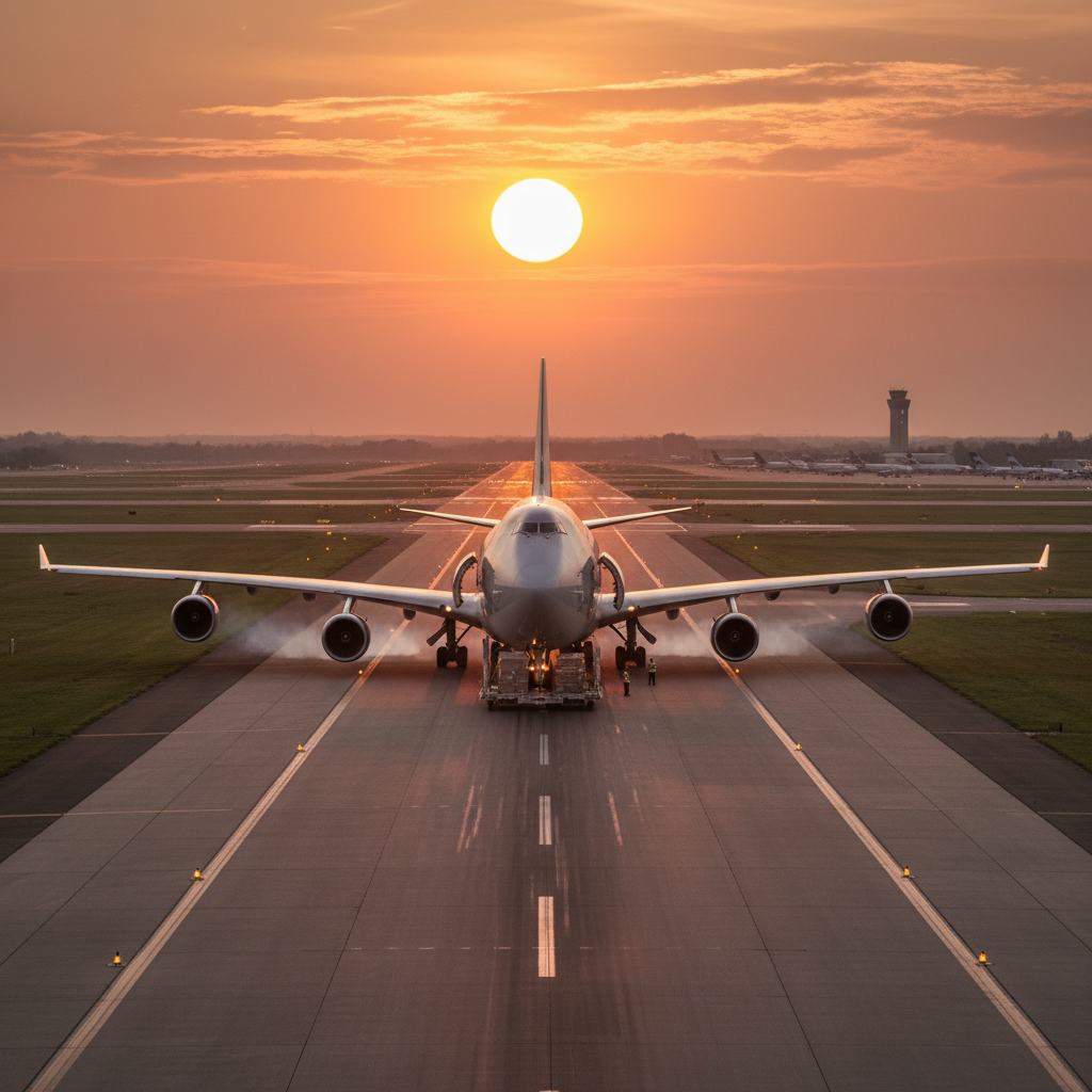 Avión de carga en pista de aeropuerto internacional al atardecer