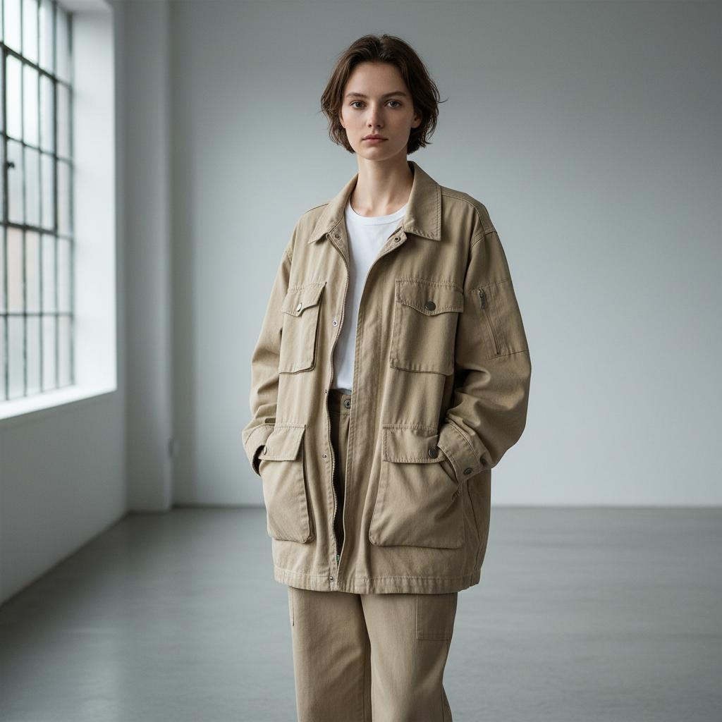 Oversized khaki utility jacket on minimal white background, clean product shot, soft studio lighting
