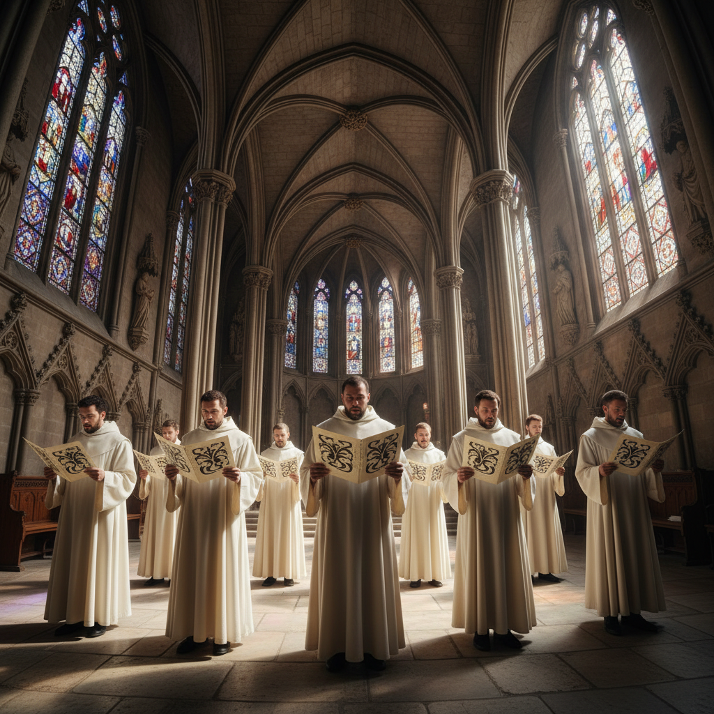 Monks singing Gregorian chant in a monastery choir, dim candlelight, stone walls, medieval atmosphere
