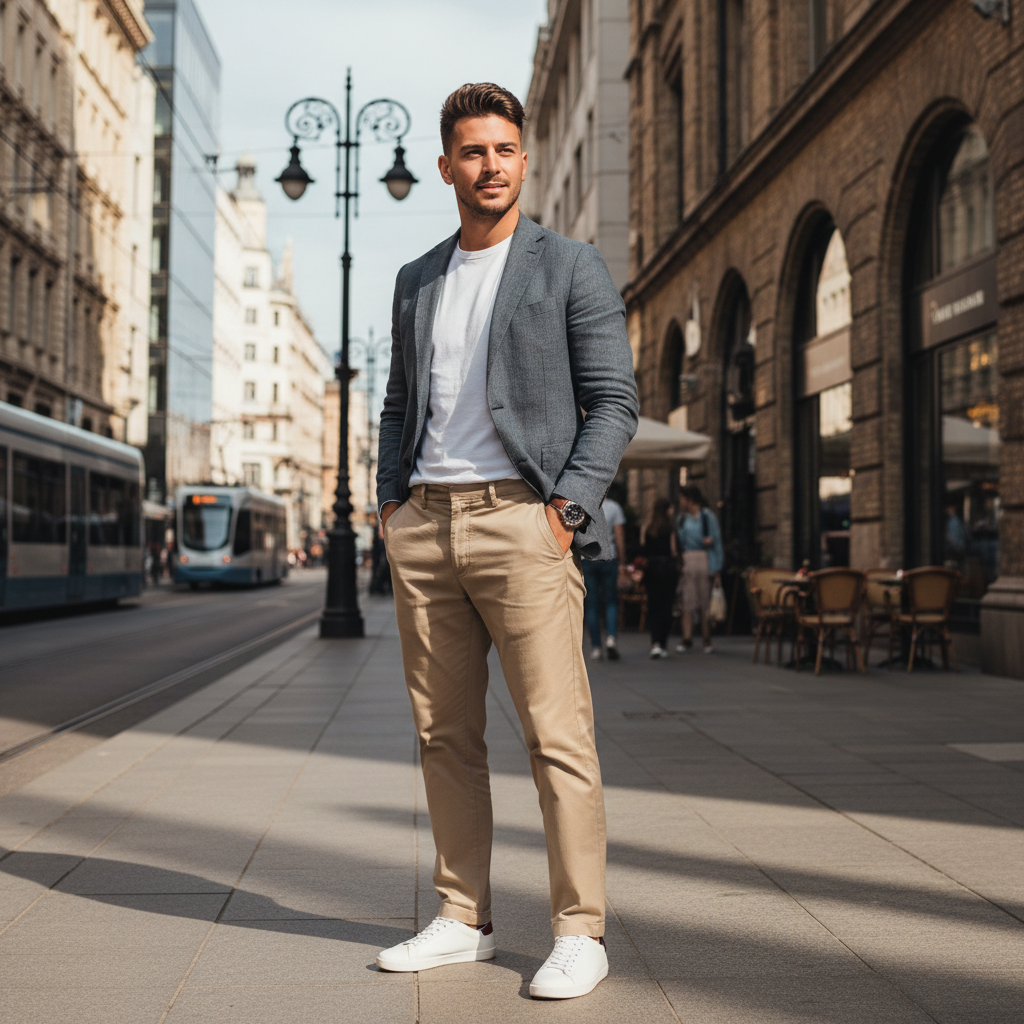 Well-dressed man in smart casual blazer and trousers in urban setting