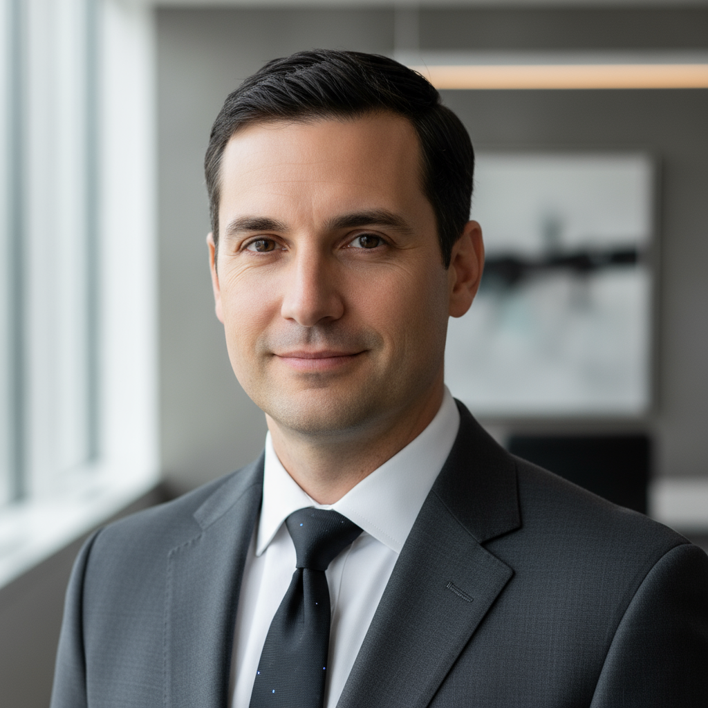 Professional man in dark suit, well-lit executive portrait with neutral background