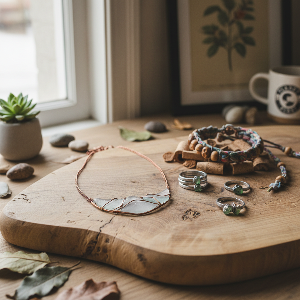 Handcrafted jewellery including necklaces, rings and earrings on display