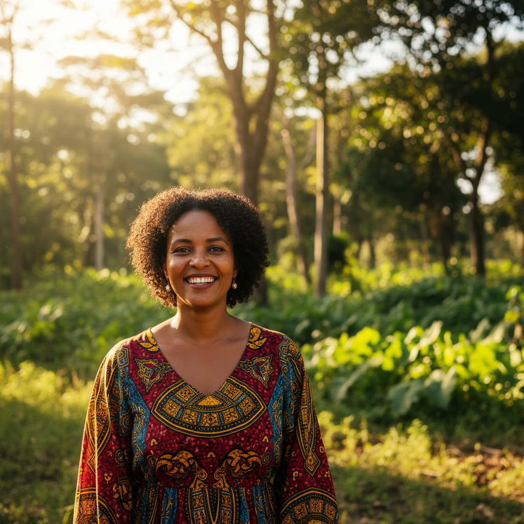 Kenyan woman smiling warmly outdoors, green hills behind her