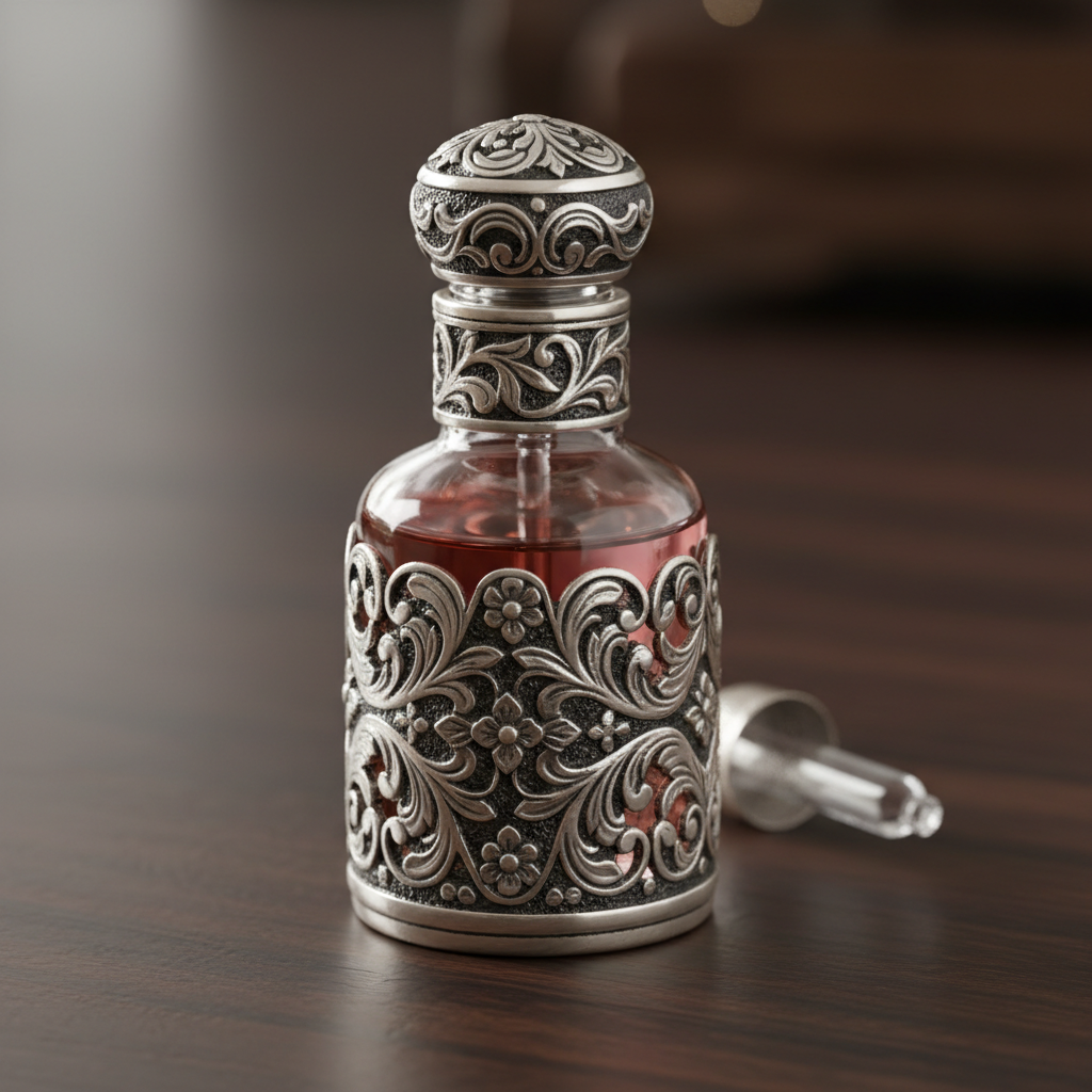 Traditional Arabian attar bottle with golden cap on desert sand background