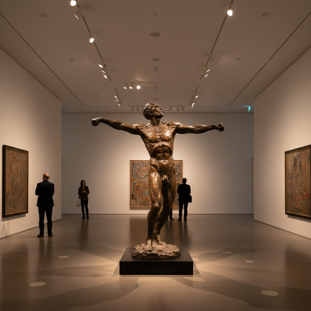 Bronze figure sculpture under gallery lighting