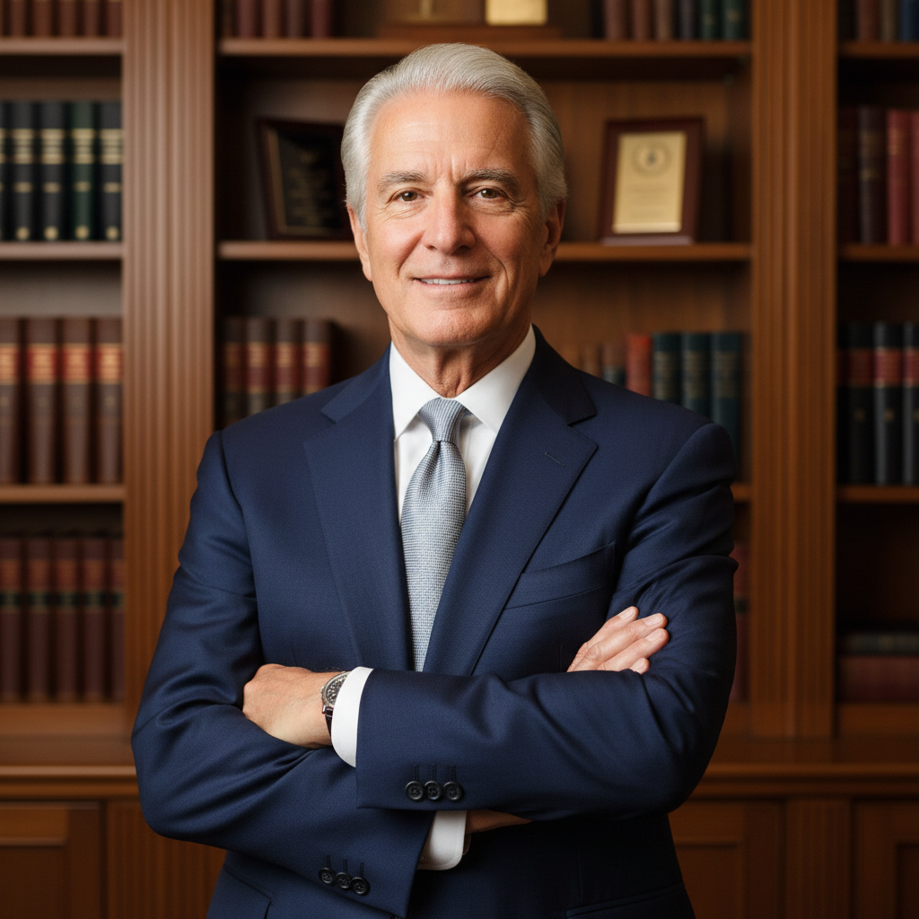 Silver-haired American financier in classic navy suit, mahogany-paneled library background