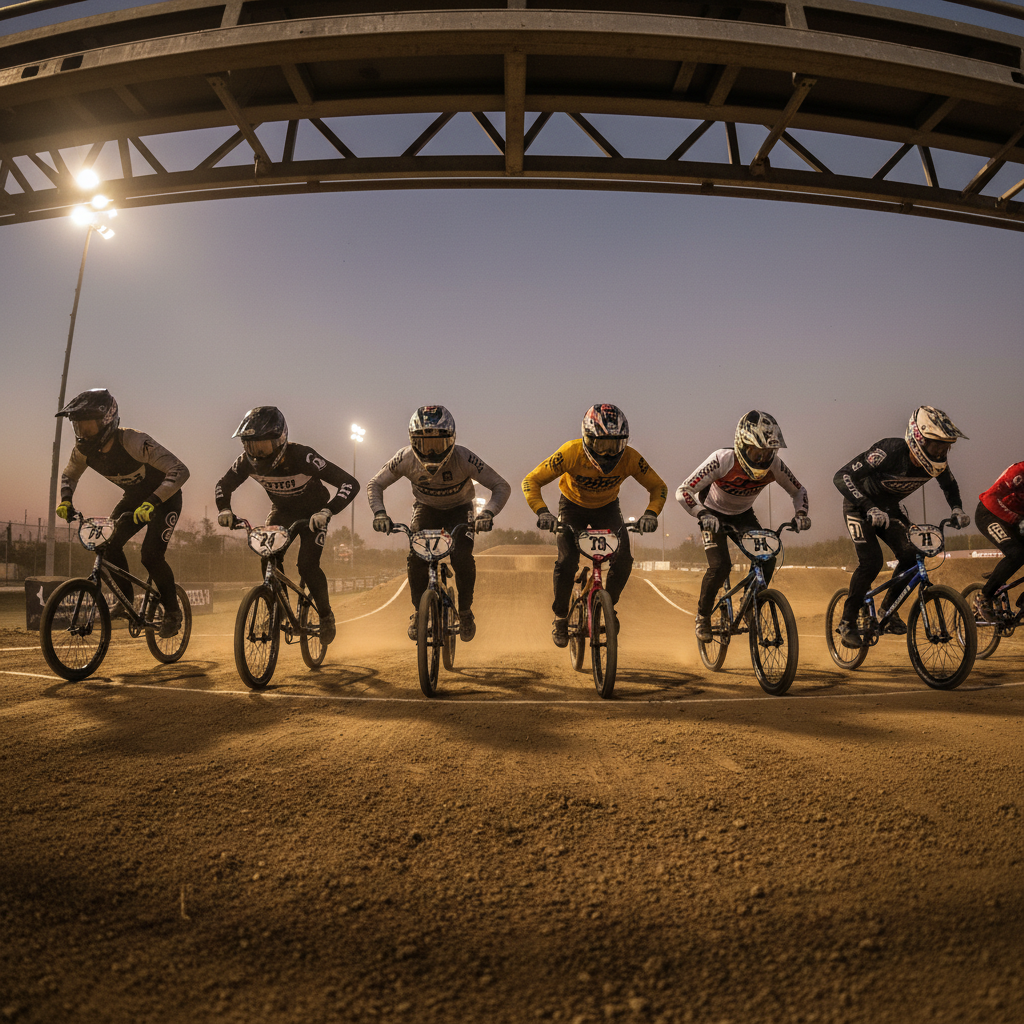 Eight BMX riders in the starting gate, helmets down and elbows wide, track stretching ahead under stadium floodlights with kicked-up dust glowing amber