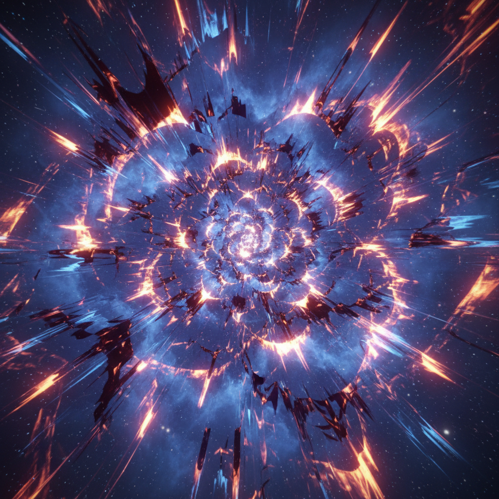 Abstract dark space with glowing orbital rings and deep atmospheric blue lighting