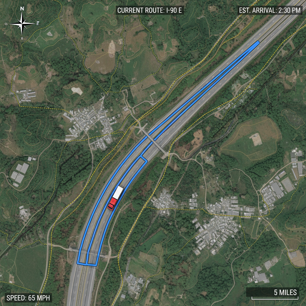 GPS satellite map view of truck on interstate highway route