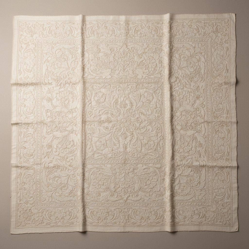 Hand-embroidered heritage shawl in ivory — artisanal textile with centuries-old embroidery technique and rich cultural heritage