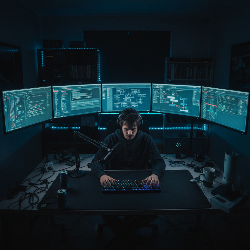 Code editor on dark screen with JavaScript and React code visible, developer workspace with multiple monitors