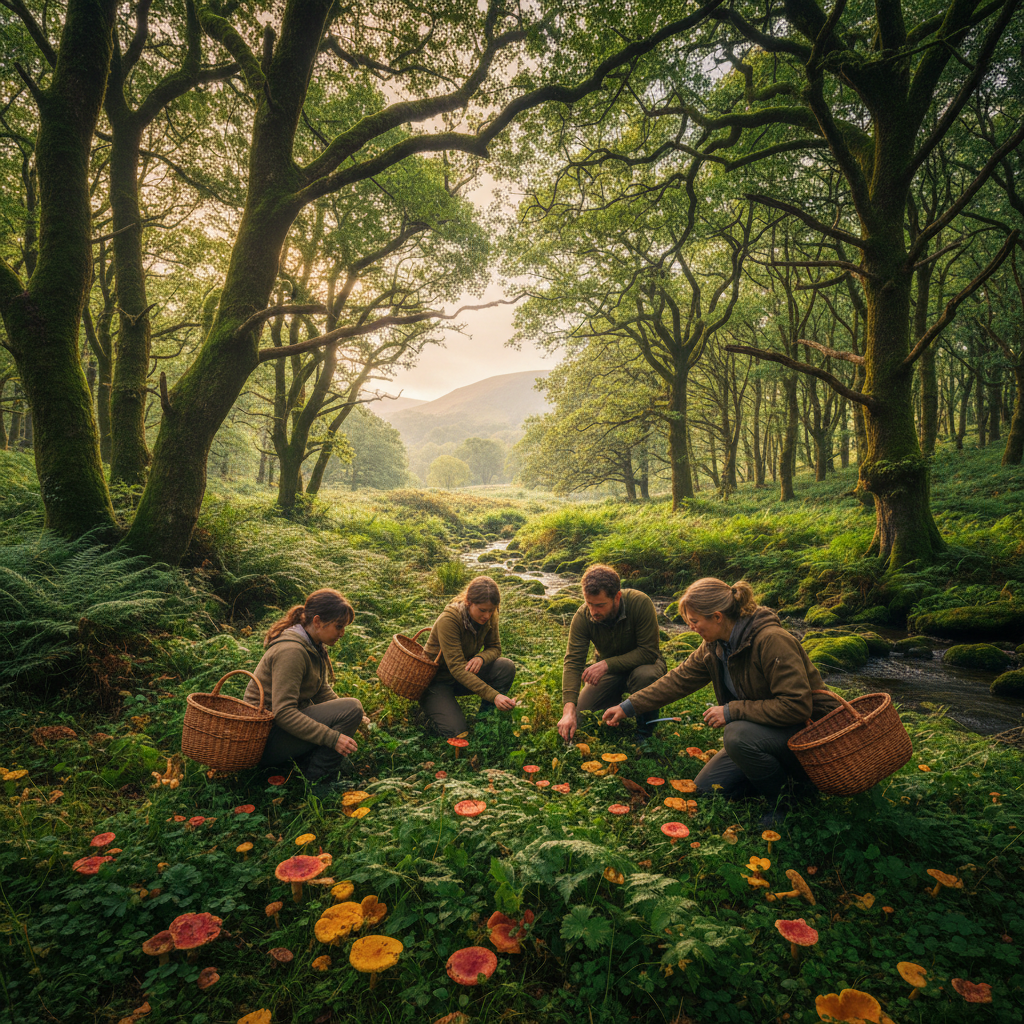 Foraging in the Brecon Beacons — wild herbs and mushrooms in woodland