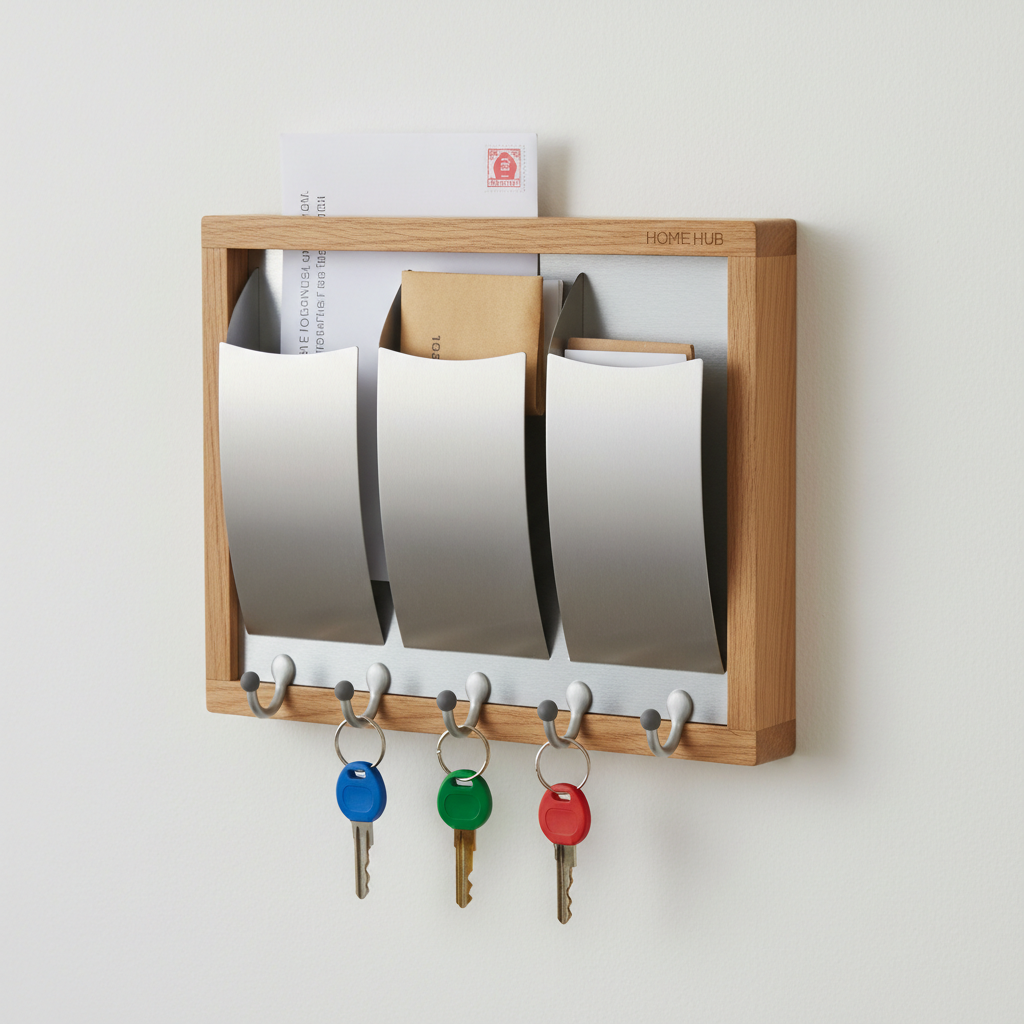 Entryway organisation with wall hooks, shoe rack and key holder