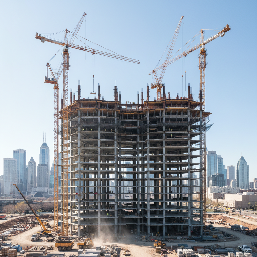 Heavy structural steel framing on a large commercial construction project with cranes and steel beams