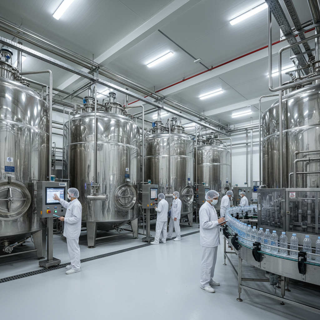 Large stainless steel mixing tanks in an industrial beverage production facility with workers in hairnets monitoring equipment