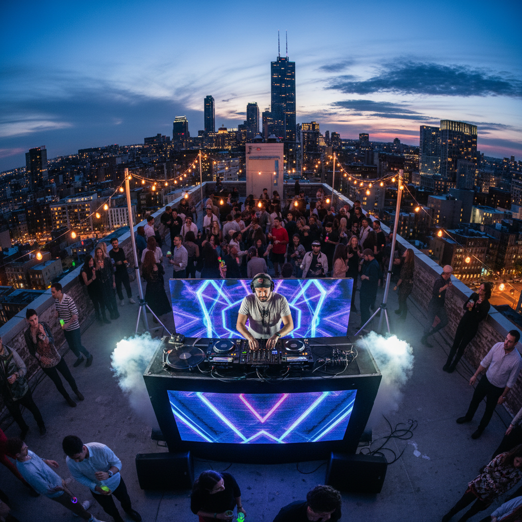 Rooftop party event with city skyline at night, atmospheric lighting, dark sky, event production setup