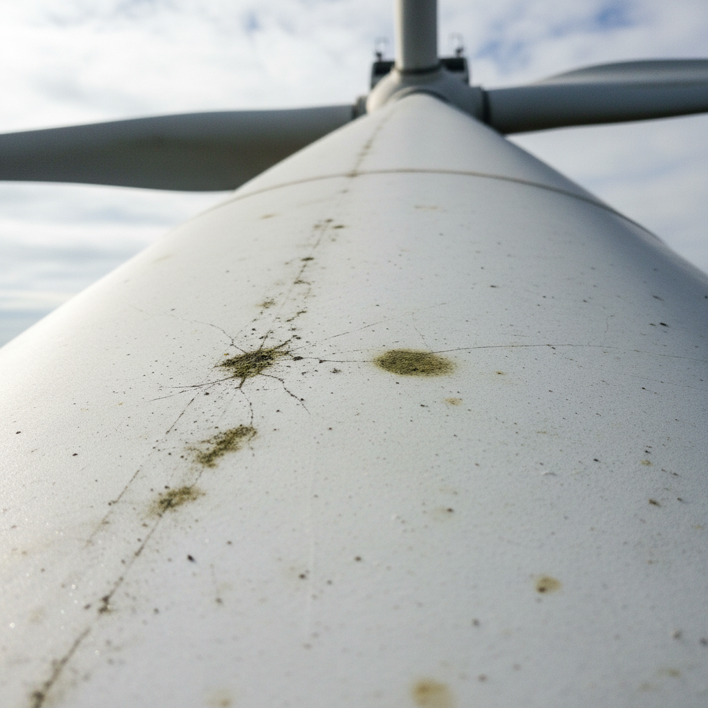 Close-up aerial view of wind turbine blade showing surface texture