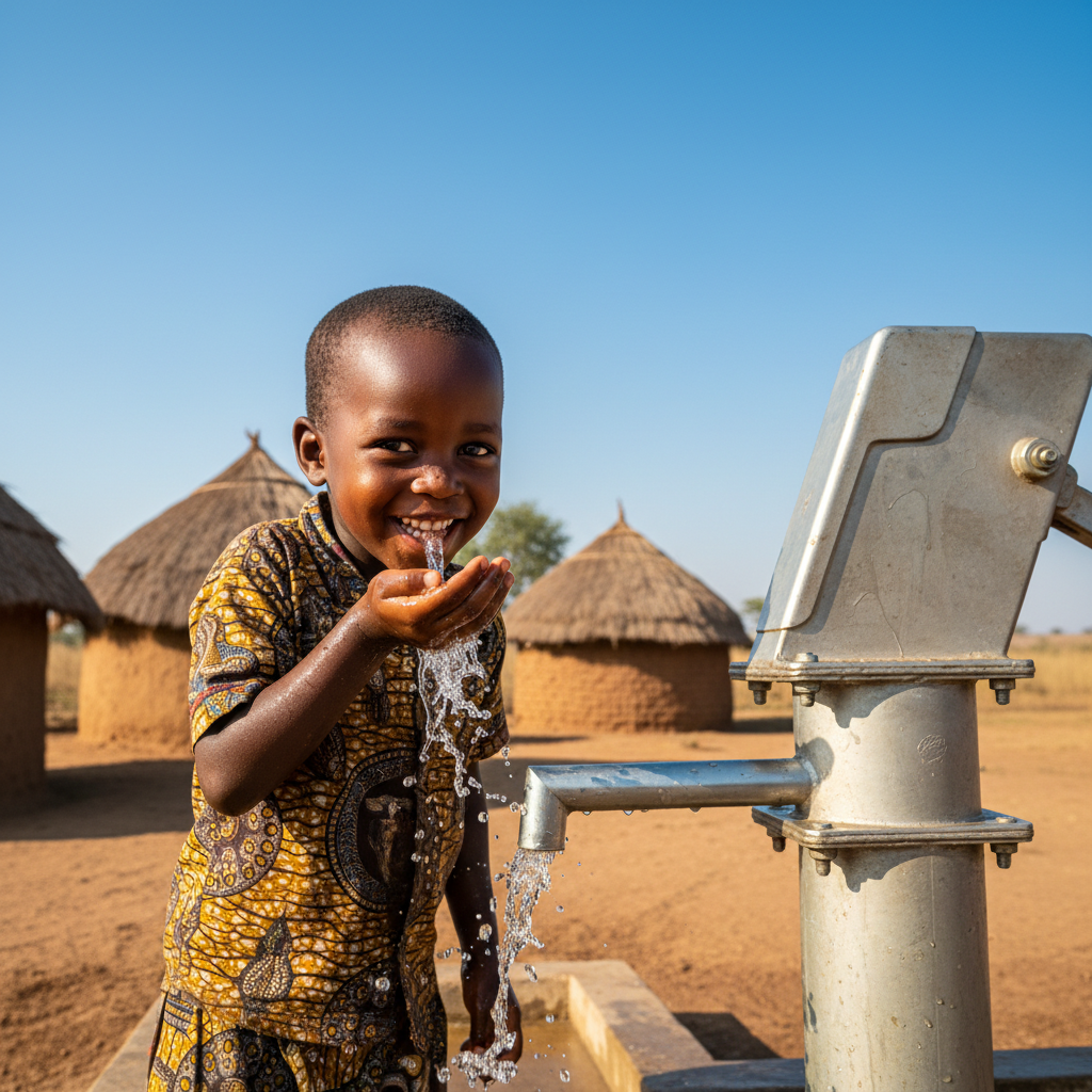 Young African girl collecting clean water from a village pump, bright daylight, dusty earth surroundings