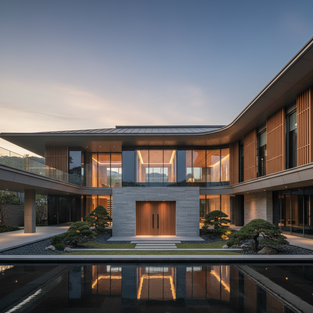 Elegant large black-framed windows on a modern luxury home exterior, warm interior lighting visible through glass