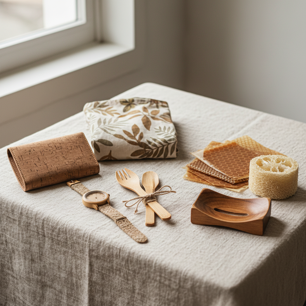 Sustainable accessories made from natural materials including bamboo, cork and recycled metals on a bright white surface